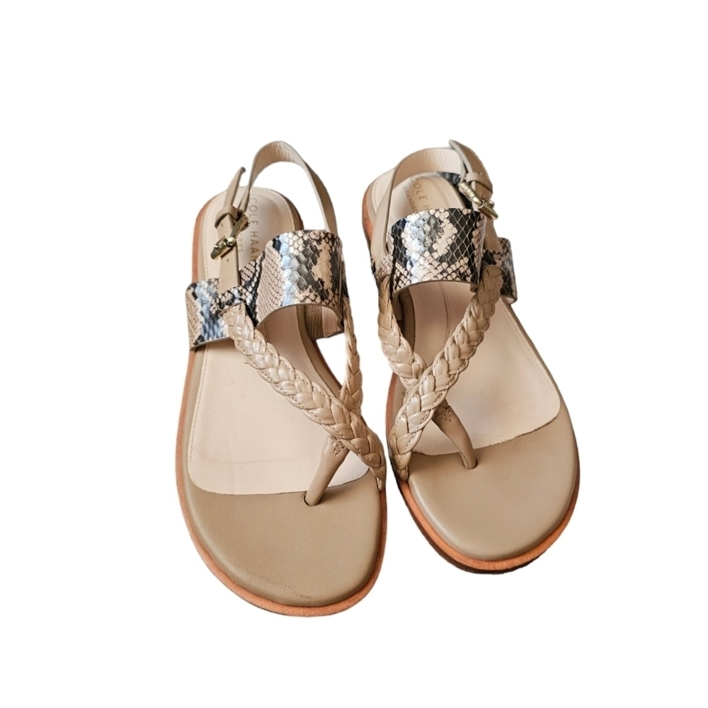 Braided Thong Sandals with Snake-Print Strap - Beige